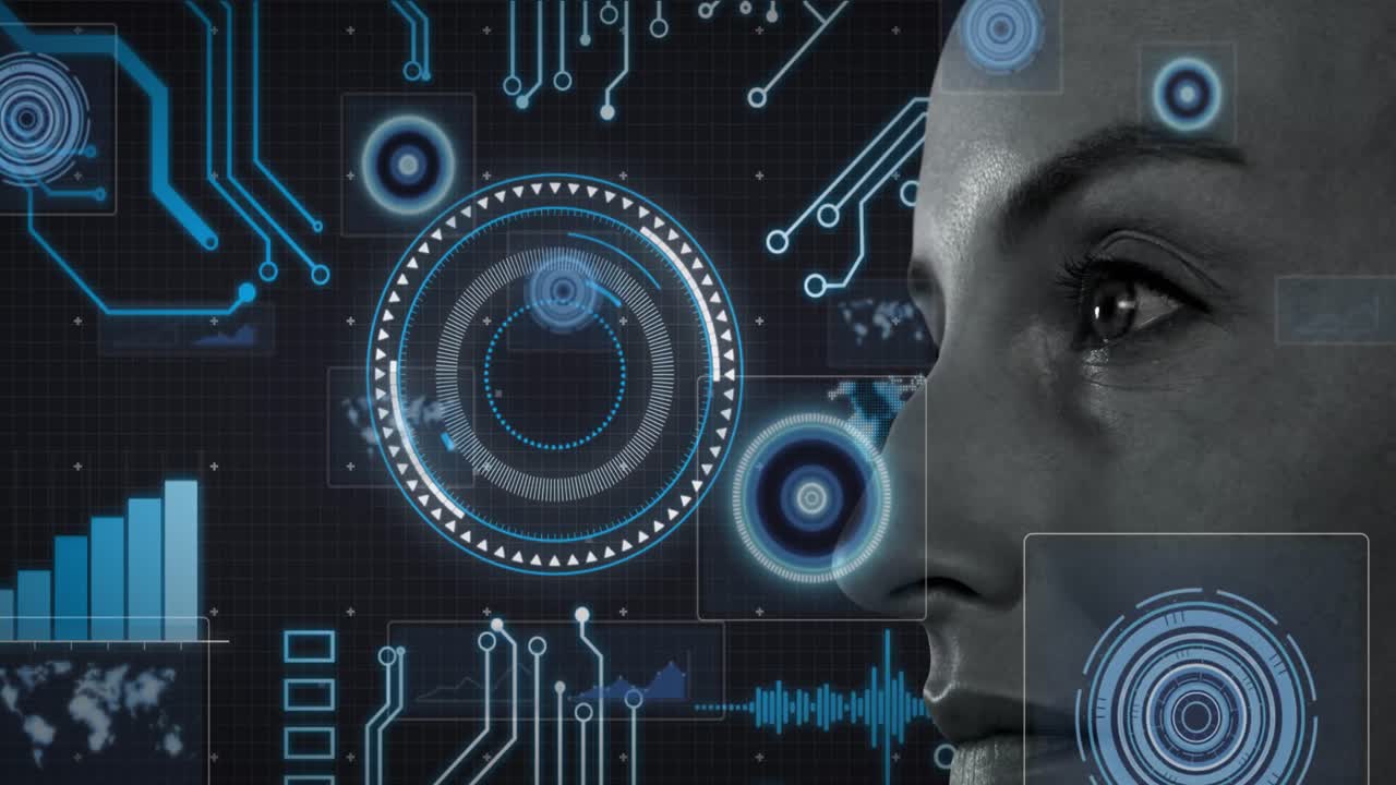 Animation of scope scanning and data processing over woman