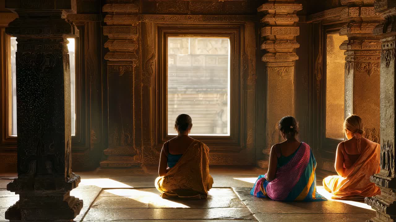 Soft sunlight streaming through stone columns illuminating three women meditating peacefully in traditional clothing inside sacred ancient Indian temple interior