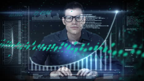 animation of data processing with graph over caucasian man on black background