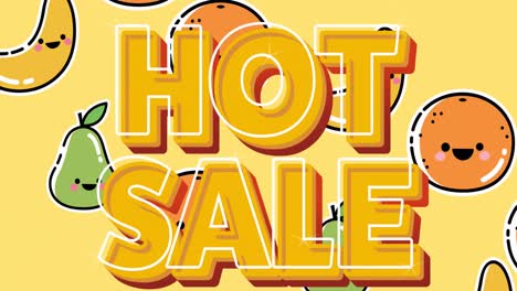 animation of illustration with hot sale text over pears and oranges with smiling faces on yellow