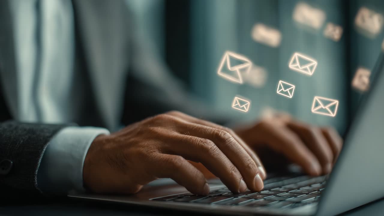Dynamic Interaction with Digital Communication: A Close-Up on Hands Typing on a Laptop Surrounded by Floating Email Icons Representing Modern Connectivity