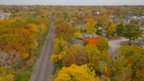 aerial over train tracks and trees at peak color in autumn in a residential neighborhood in kirkwood in st