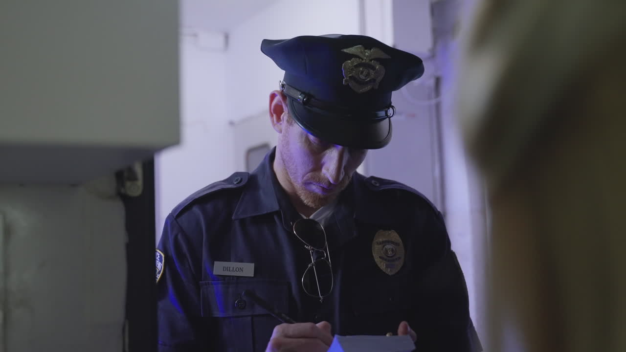 Police officer at the entrance of apartment, questioning a woman while taking notes in notepad. Investigation, law enforcement, and crime-solving. Police procedures, witness statements, crime reports.