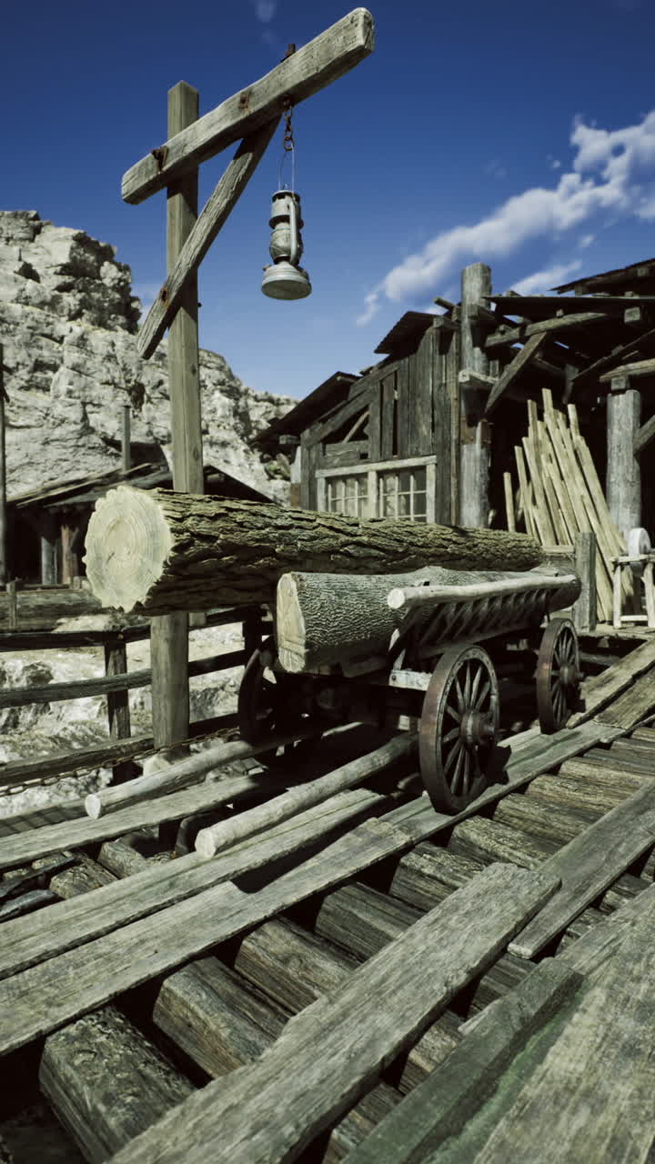 Old wooden pier and cart near rugged mountains in a mining village