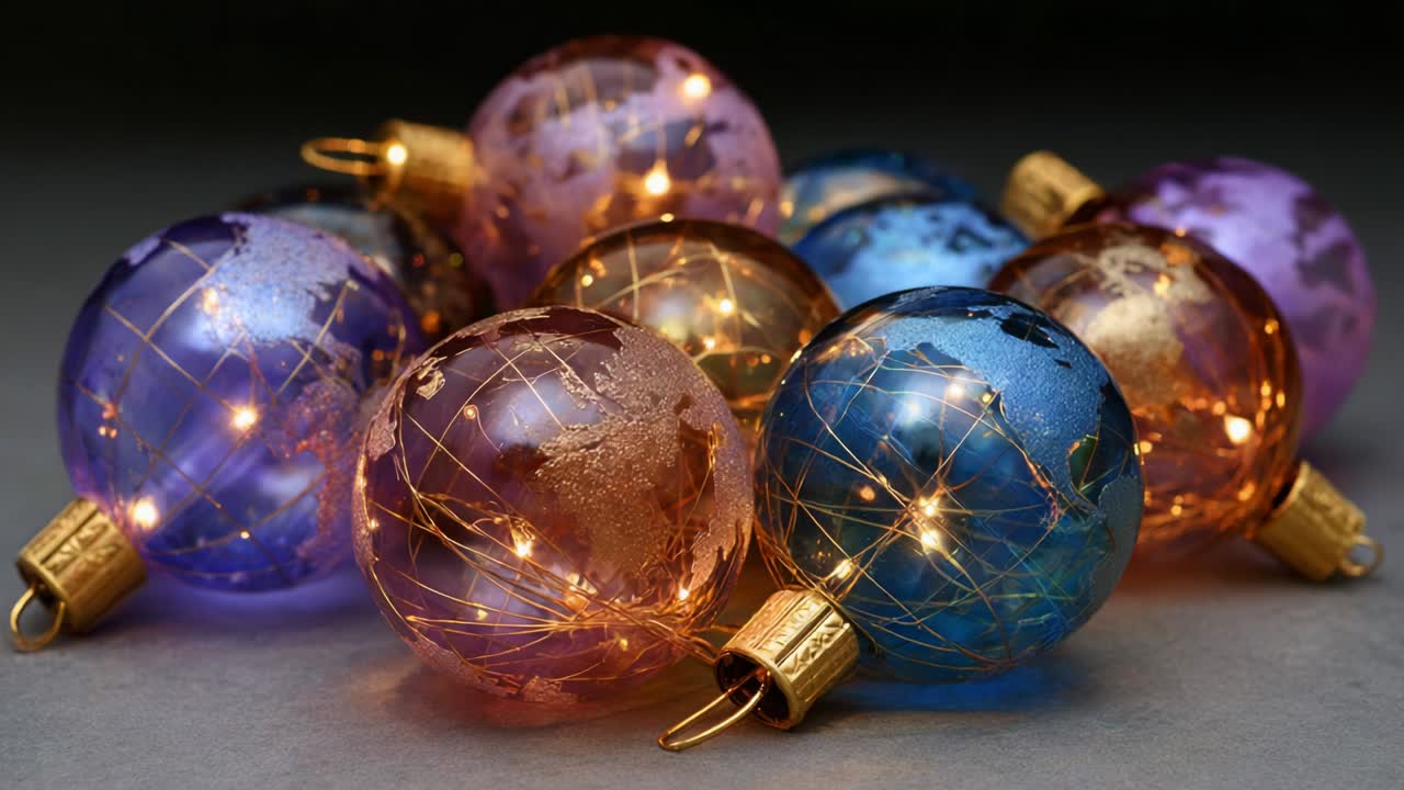 Glistening Ornaments: A Captivating Display of Colorful Globes with Intricate Golden Threads of Light, Perfectly Illuminating the Holiday Spirit and Offering a Magical Touch to Festive Decor This Season