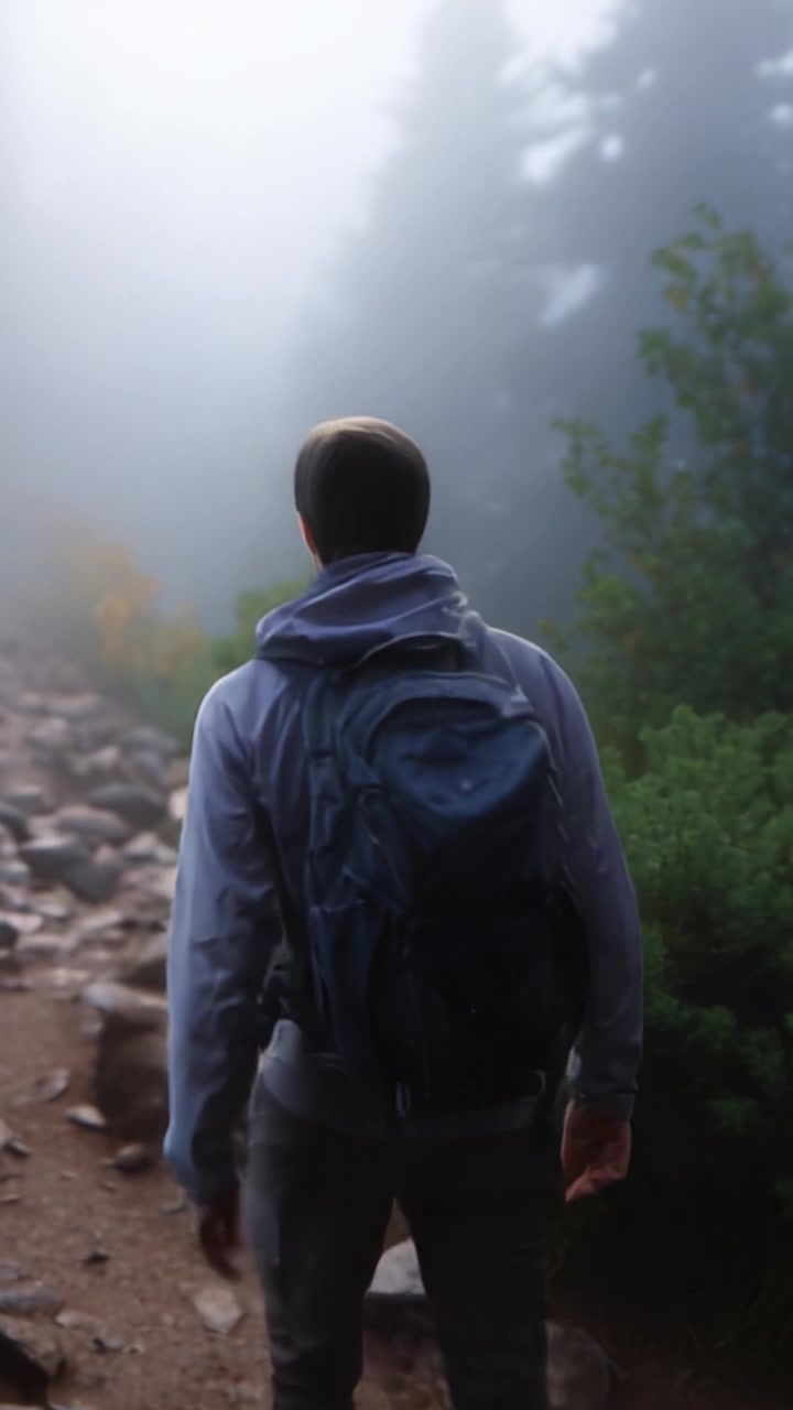 A solitary figure navigates a foggy trail, embodying the spirit of adventure, exploration, and perseverance in the midst of nature's serene beauty.
