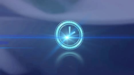 animation of rotating safe lock with clock over light trail on blurred background