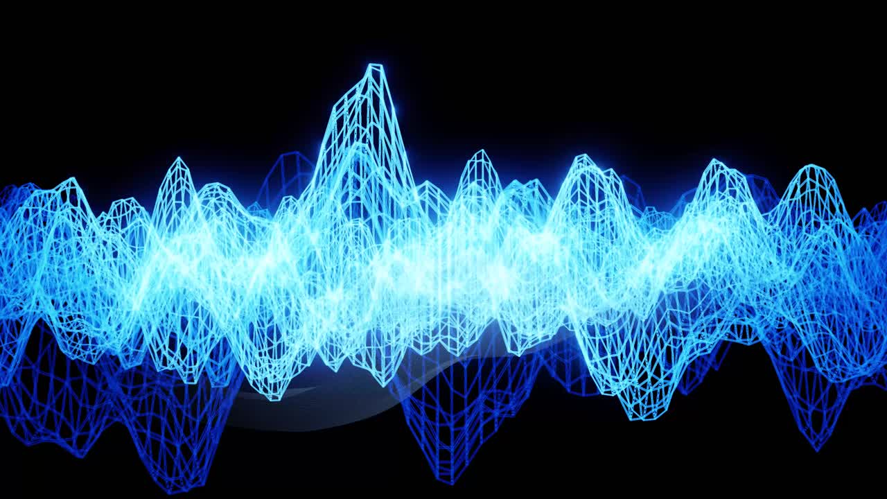 Abstract Blue Wireframe Waveform Pulsating on Black Background