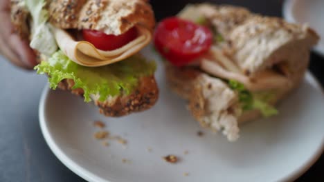 a person holding a turkey croissant sandwich