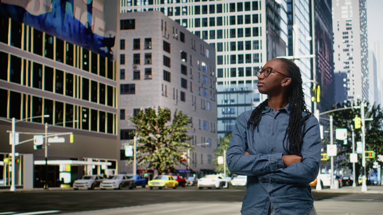 Porträt einer selbstbewussten Frau, die auf einer belebten Straße in der Innenstadt spaziert.