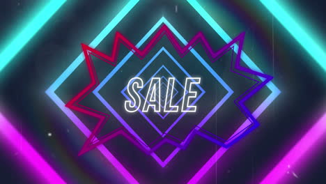 animación de formas geométricas de neón rosa y azul sobre texto de venta