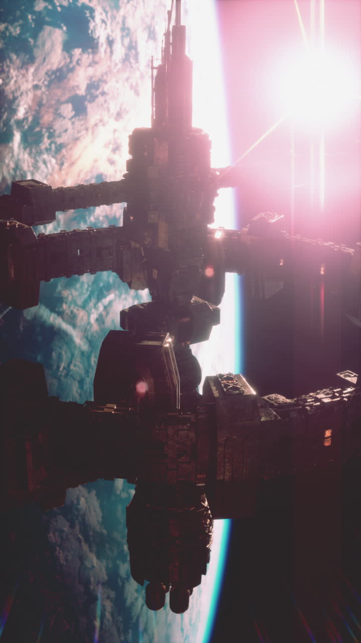 A futuristic space station orbits Earth
