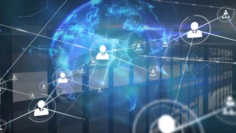 animation of connected icons and glowing globe, dots forming shapes over bars in background