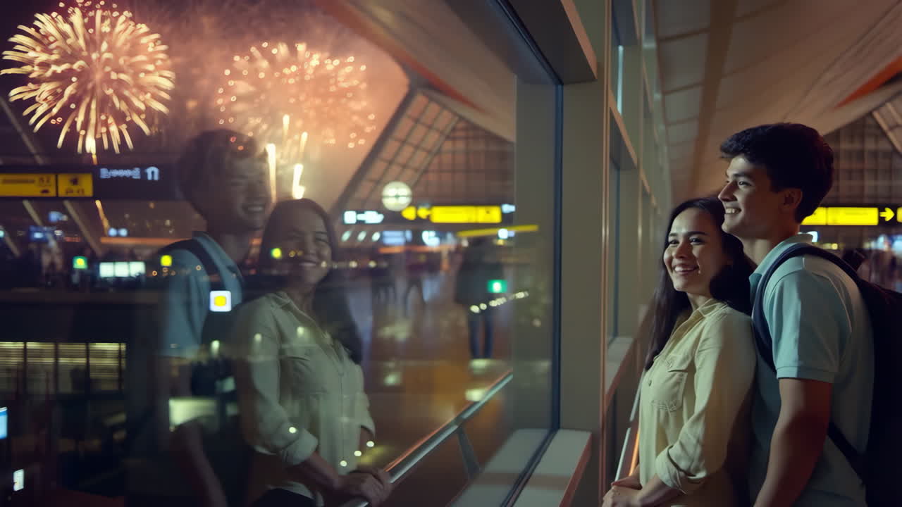 Happy Couple Watching Fireworks from an Airport Window at Night
