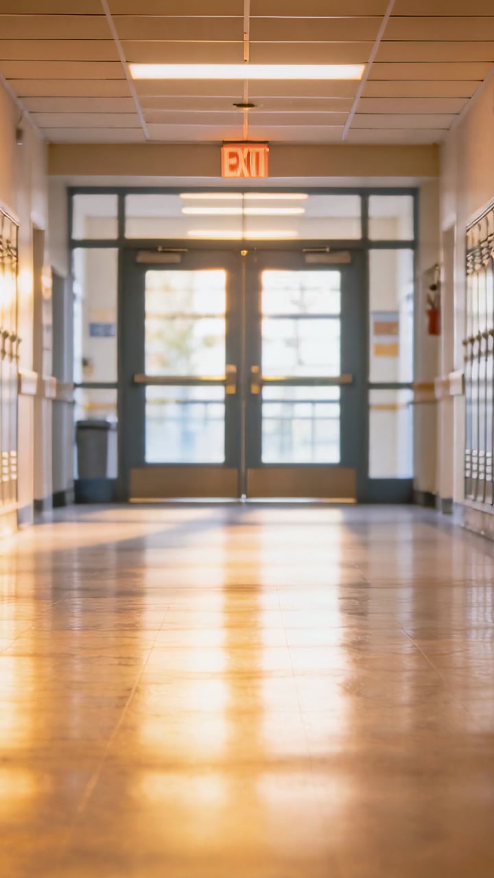 Vertical video: Focusing school hall pulling toward EXIT sign and doors, revealing fire alarm