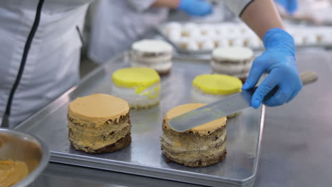 cake decorating in a professional kitchen