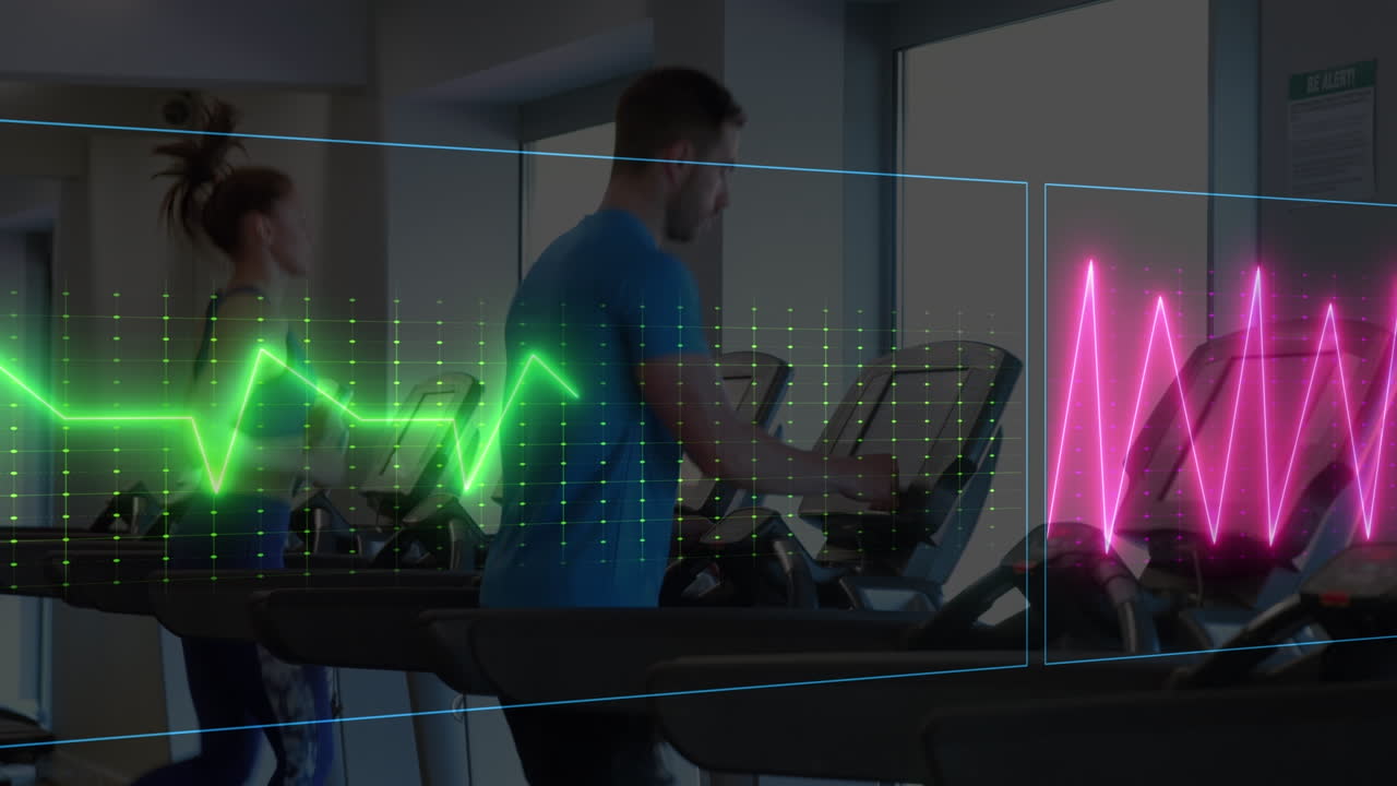 animación de cardiógrafo sobre diversas personas que hacen ejercicio