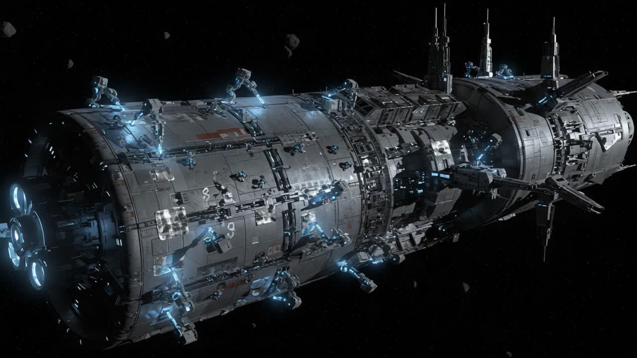 Futuristic Spacecraft Maneuvering Among Asteroids in Deep Space, Showcasing Advanced Technology and Intricate Design in a Stunning Sci-Fi Environment