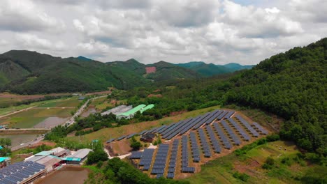 high altitude aerial reveal fly away from solar power plant in the country side