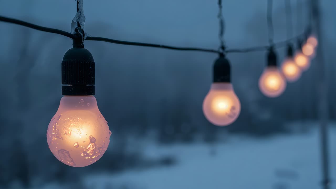Shifting camera revealing nearest hanging light bulb glowing in snowy backyard, showing frost
