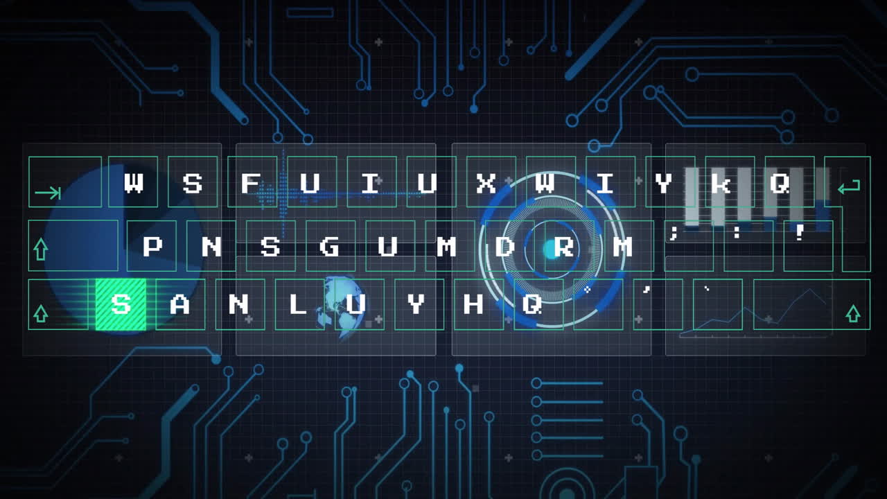 Circuit board pattern with digital code and rotating globe animation