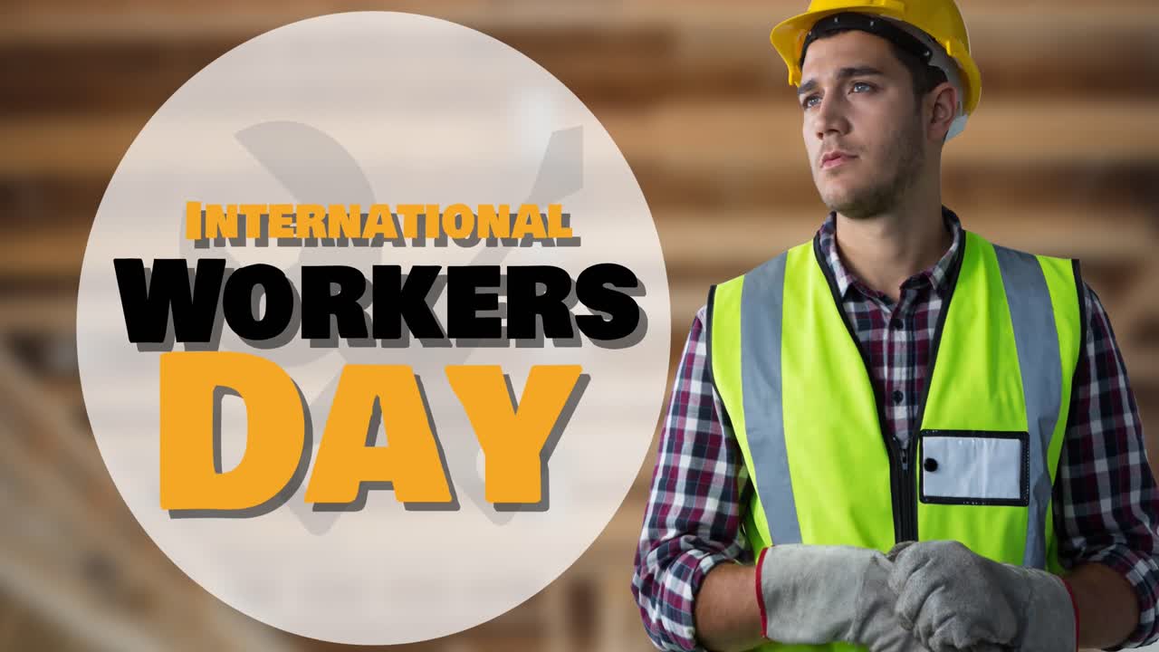 Animation of international workers day text and caucasian worker in hard hat at construction site