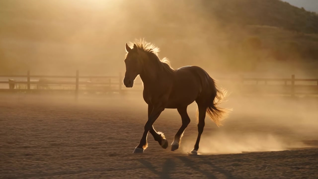 Hest i gylden solnedgang galopperer over arenaen, støv hvirvler op fra hovene, baggrundsbelyst manke gløder i varm dis