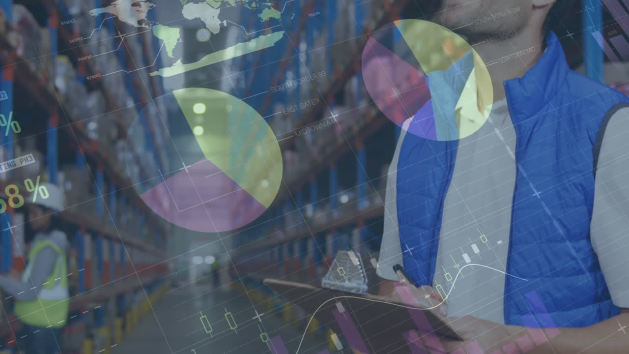 animación de estadísticas y procesamiento de datos financieros sobre el hombre que trabaja en el almacén