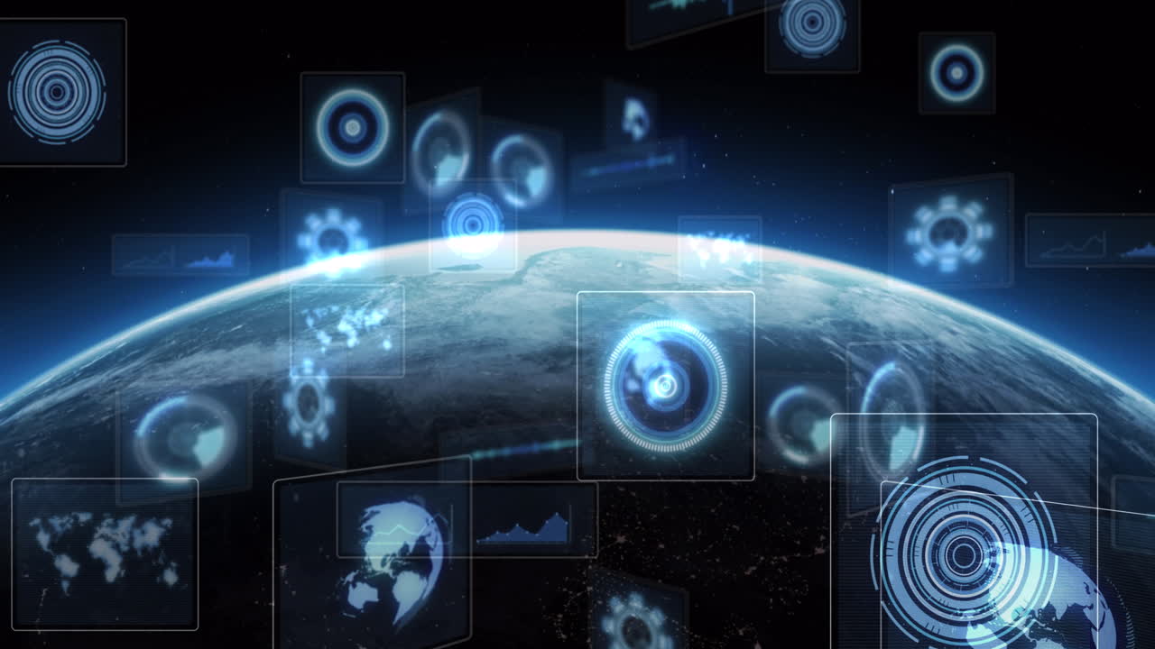 Animation of scopes scanning and data processing on screens over globe with glowing horizon