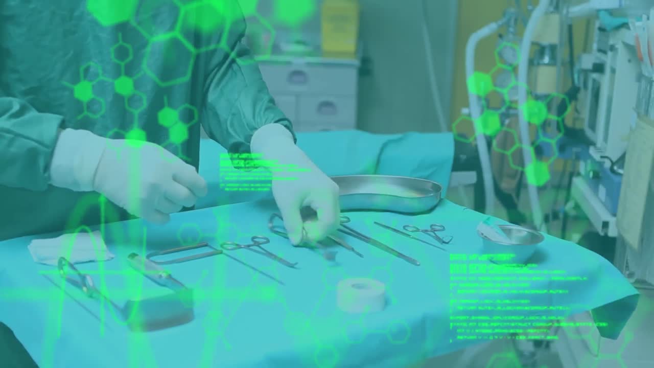 수술실에서 작업하는 외과의사에 대한 의료 정보 및 데이터 처리 애니메이션