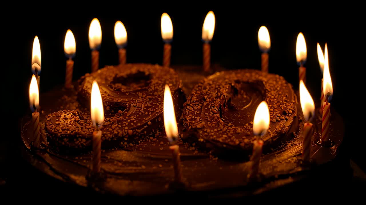 Flickering candle flames from breeze on choc cake lighting dim room, numeral 90 and wax droplets