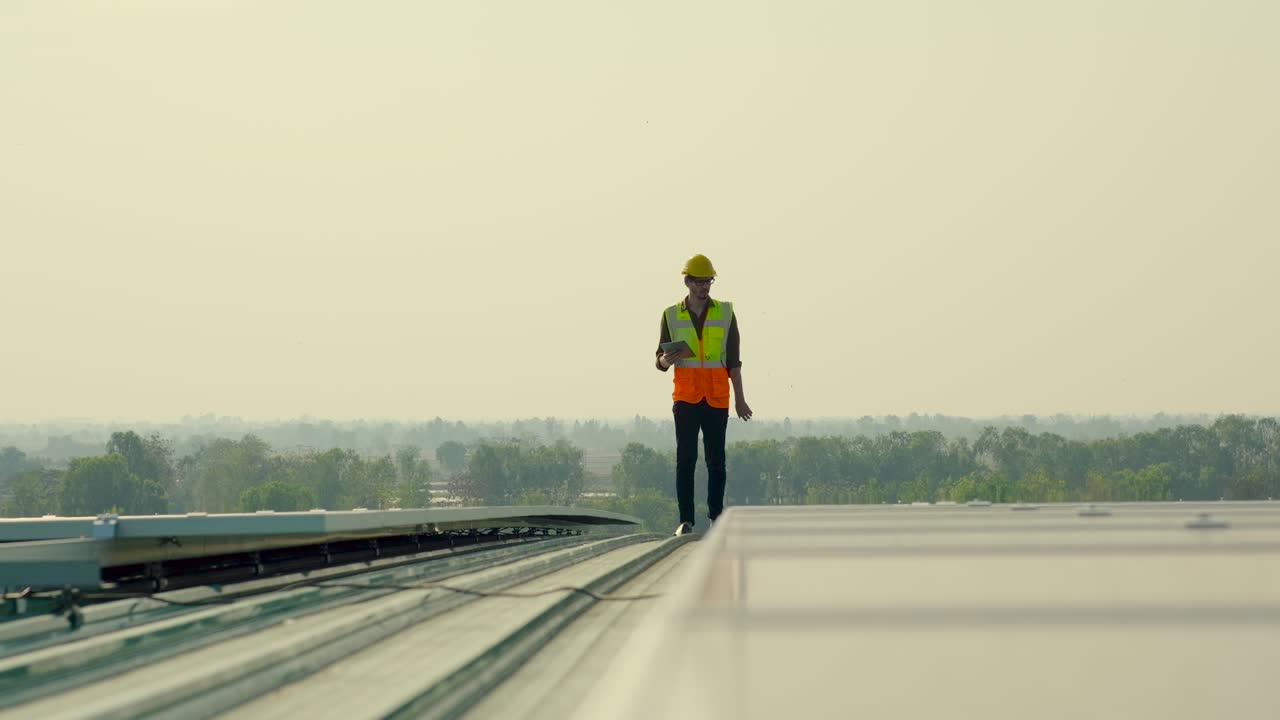 Engineer or contractor wearing safety hardhats inspection project progress constructions and installation solar panel of solar power plant on the roof of the building. Concept of Renewable energy, tecnology, industrial.