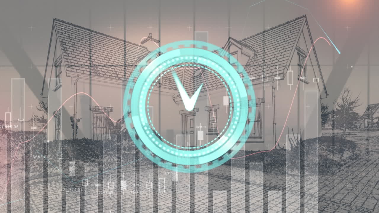 Animation of clock moving fast and statistics data processing over house