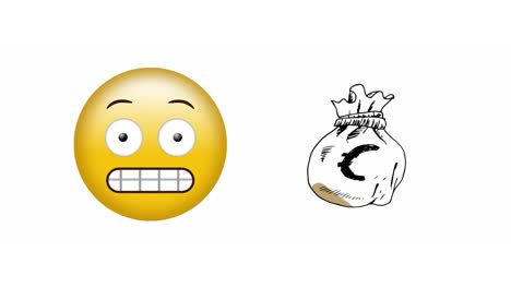 animation of surprised emoji and money sack social media emoji icons over white background