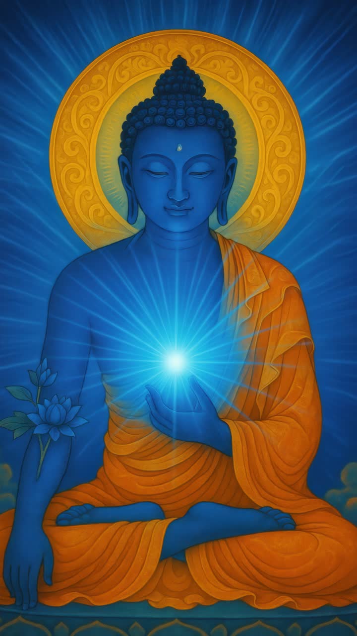 Vibrant illustration of Buddha in a meditative pose, with a glowing aura