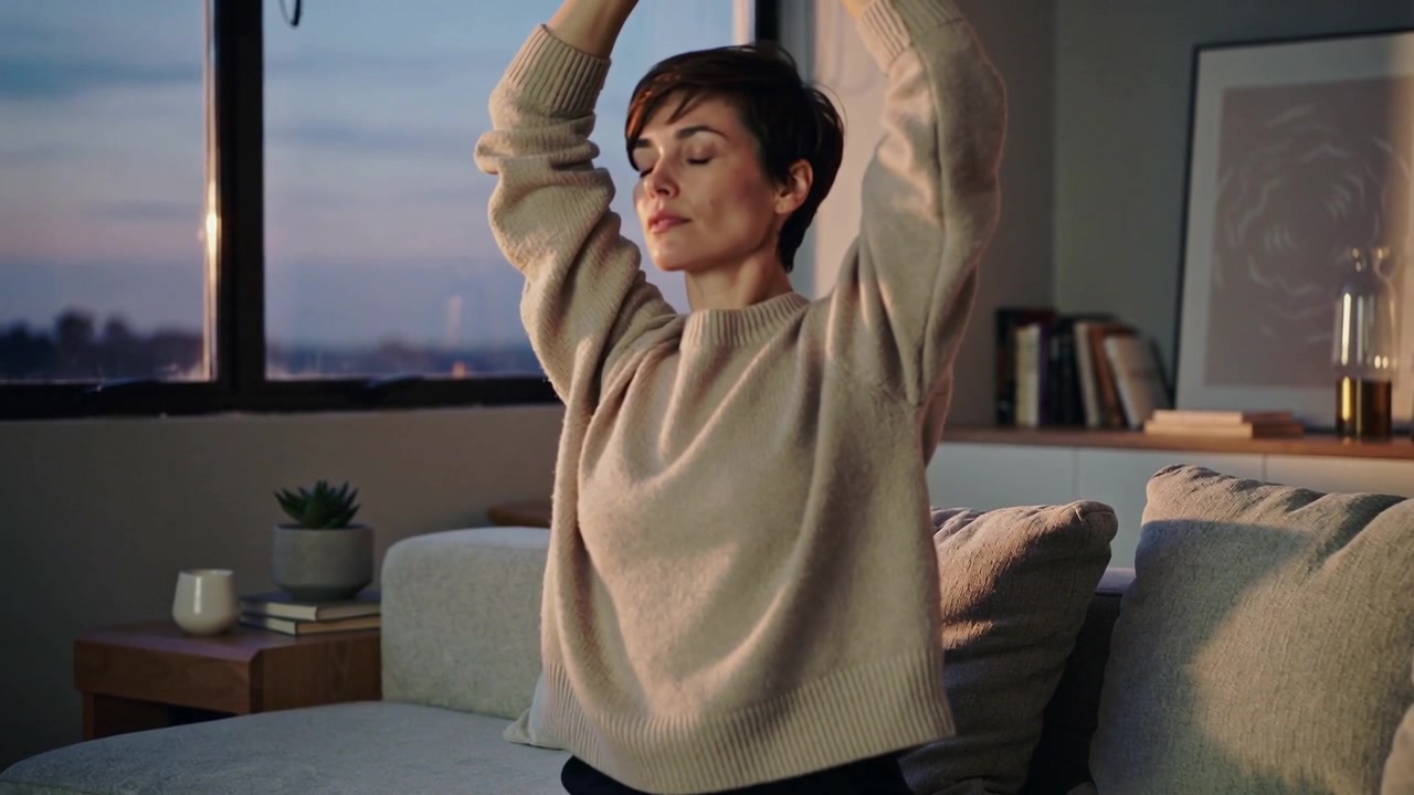 Mujer con suéter beige se estira, subiendo y bajando los brazos en el sofá de su casa al anochecer, respirando para relajarse.