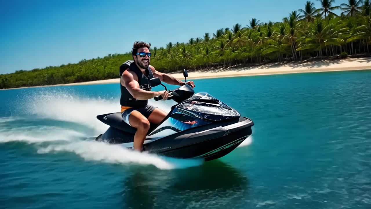 Dynamic video of a man riding a jet ski on turquoise water, captured from a low-angle