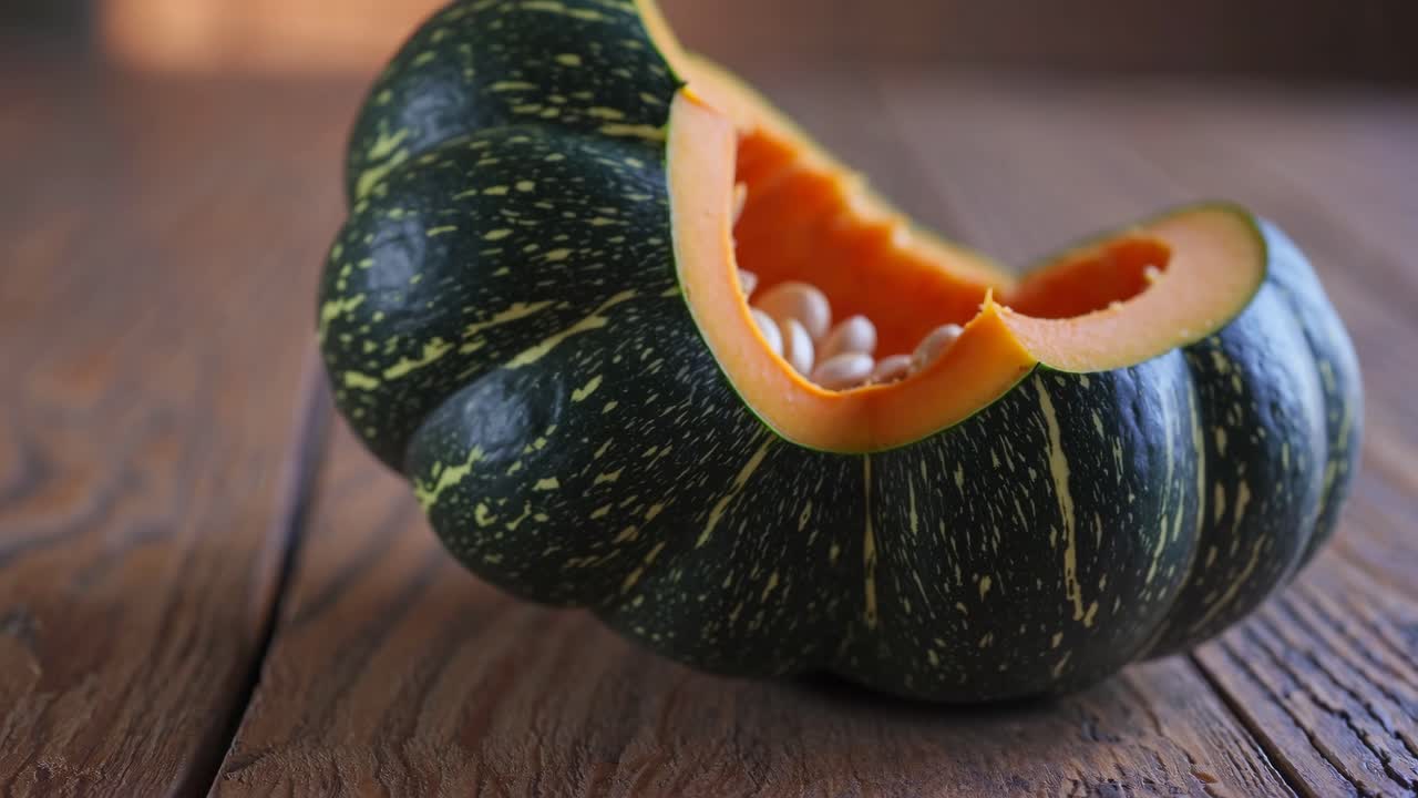 Close-up video of a sliced green pumpkin on a wooden table, showcasing seeds