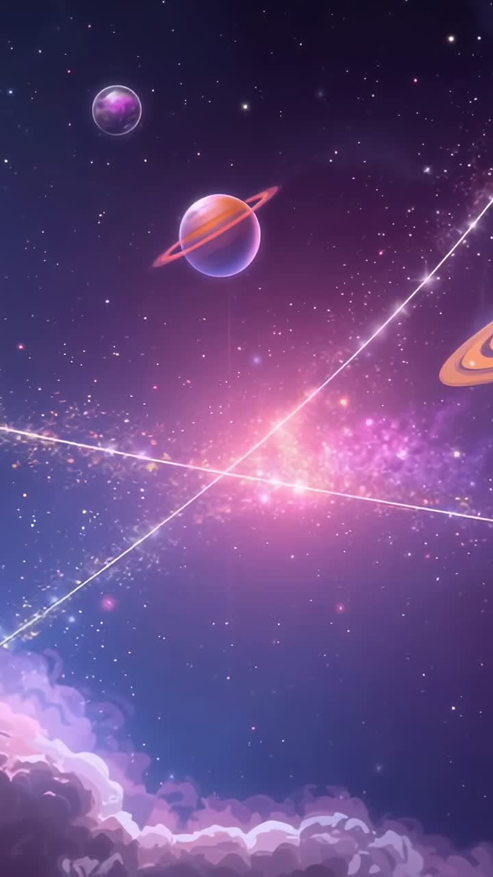 Vertical video: Glowing central ringed planet in outer space, with nebula clouds and light streaks
