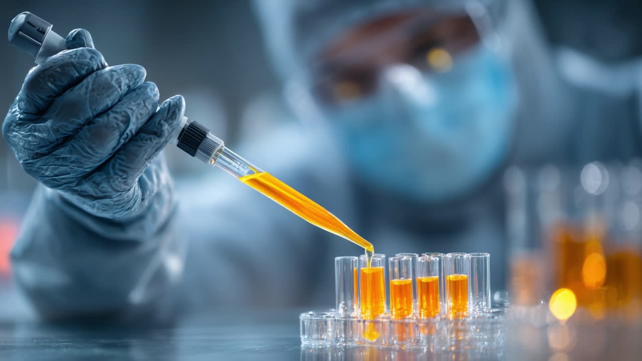 A researcher meticulously transfers a vibrant orange liquid using a pipette into test tubes, showcasing precision and focus in a laboratory setting amidst advanced scientific exploration