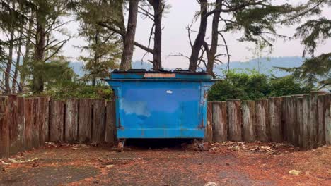 viejo contenedor de basura de metal oxidado azul con fondo de naturaleza en la costa de oregón, estados unidos