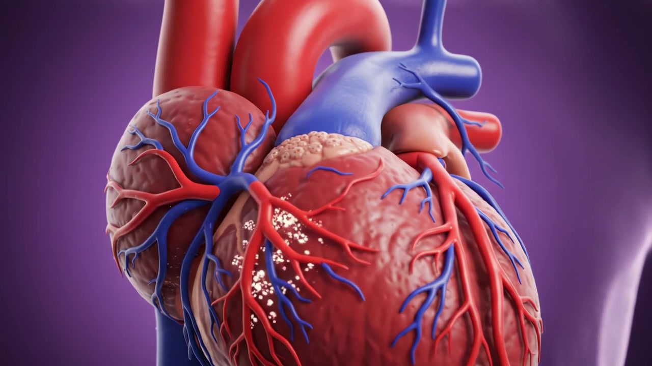 Rappresentazione anatomica dettagliata di un cuore umano con enfasi sulle strutture vascolari e sui modelli di flusso sanguigno, evidenziandone il ruolo nella salute circolatoria.