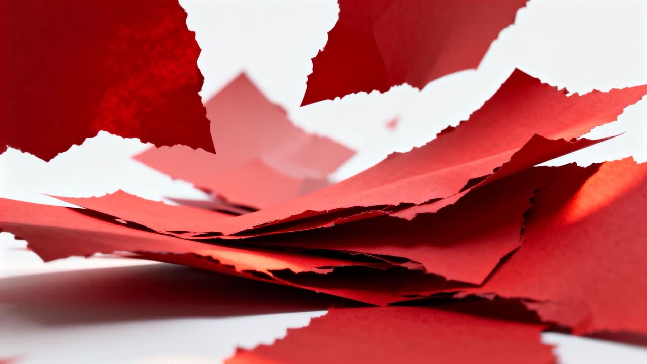Spinta della camera in avanti, obiettivo macro che rivela carta rossa strappata a strati su sfondo bianco per la texture