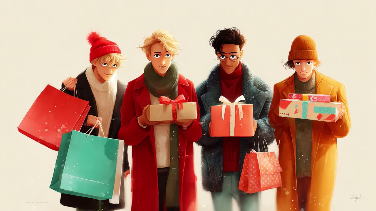 Festive Friends Joyfully Celebrating the Holiday Season as They Delight in Gift Giving, Surrounded by Colorful Presents and Cheerful Atmosphere, Capturing the Spirit of Togetherness