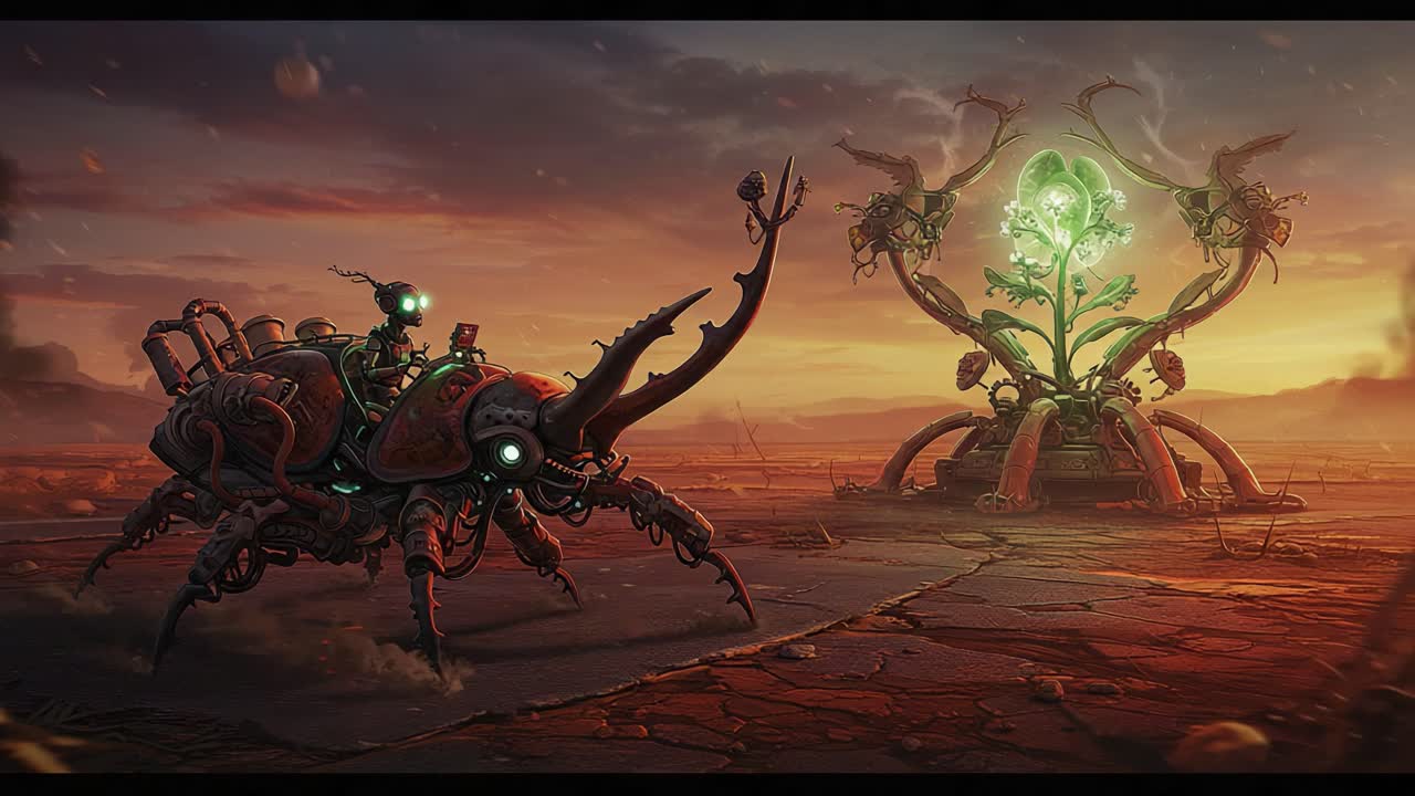A mesmerizing blend of nature and technology unfolds in a vibrant wasteland, showcasing a mechanical creature beside a glowing plant, symbolizing hope and survival