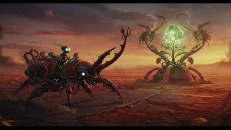 a mesmerizing blend of nature and technology unfolds in a vibrant wasteland, showcasing a mechanical creature beside a glowing plant, symbolizing hope and survival