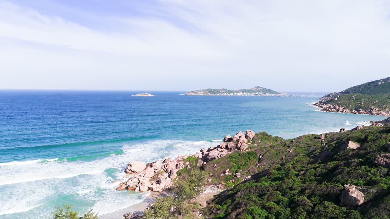 Aerial View Pan of the Coast at Bãi BiểN Bình Tiên.