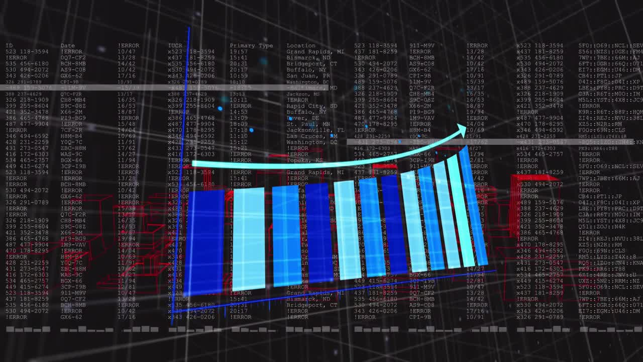 On receiving data feed, 3D bar chart rising with glowing cyan arrow over shifting code grid