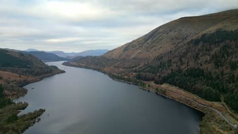 Cinematic-aerial-footage-of-Thirlmere-lake,-reservoir-in-the-Borough-of-Allerdale-in-Cumbria