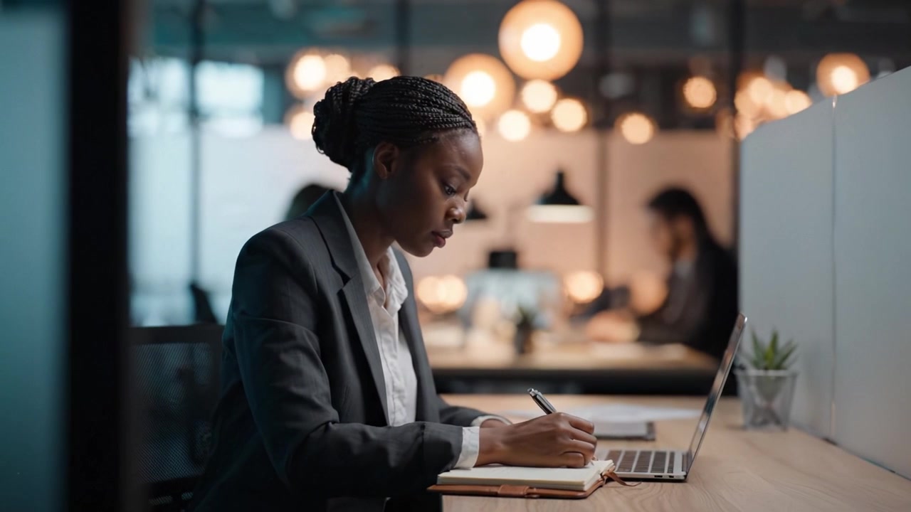 Focused professional woman writing in a notebook while working on a laptop in a modern office space with ambient lighting and colleagues in the background.
